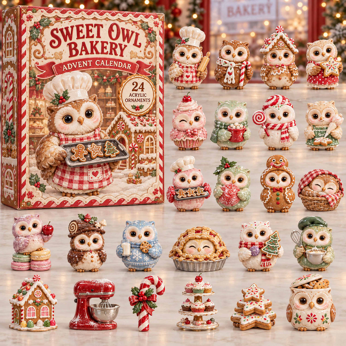 CHRISTMAS KICKOFF 40% OFF - Sweet Owl Bakery Advent Calendar 2026 - 24-Day Festive Countdown, Acrylic Charms Blind Box - Gift For Family and Friends AC0TD027