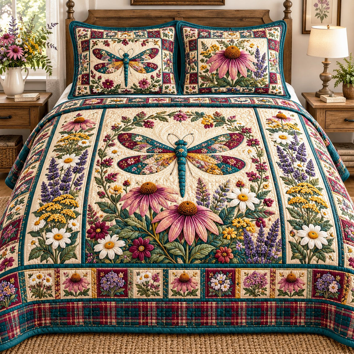 Teal Coneflower Dragonfly 3-Piece Quilted Bedding Set NCU0NTD2453