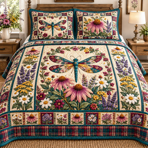 Teal Coneflower Dragonfly 3-Piece Quilted Bedding Set NCU0NTD2453
