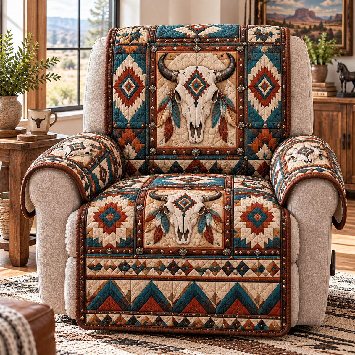 Teal Feather Longhorn Quilted Sofa Cover NCU0NTD2397