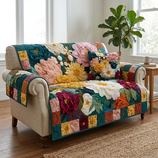 Teal Garden Patchwork Quilted Sofa Cover NCU0DQQ0472