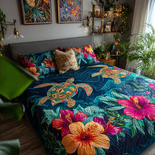 Teal Hibiscus Turtle Quilted Blanket NCU0LDH798