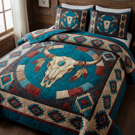 Teal Totem 3-Piece Quilted Bedding Set NCU0NXD1749