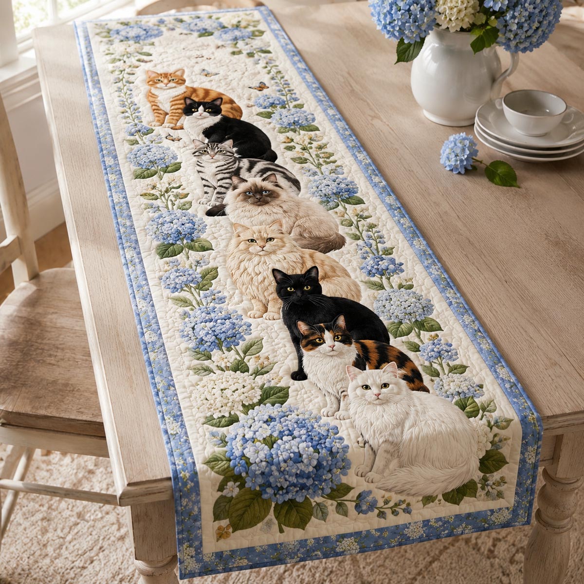 The Blue Hydrangea Cats Quilted Table Runner NCU0DV2334