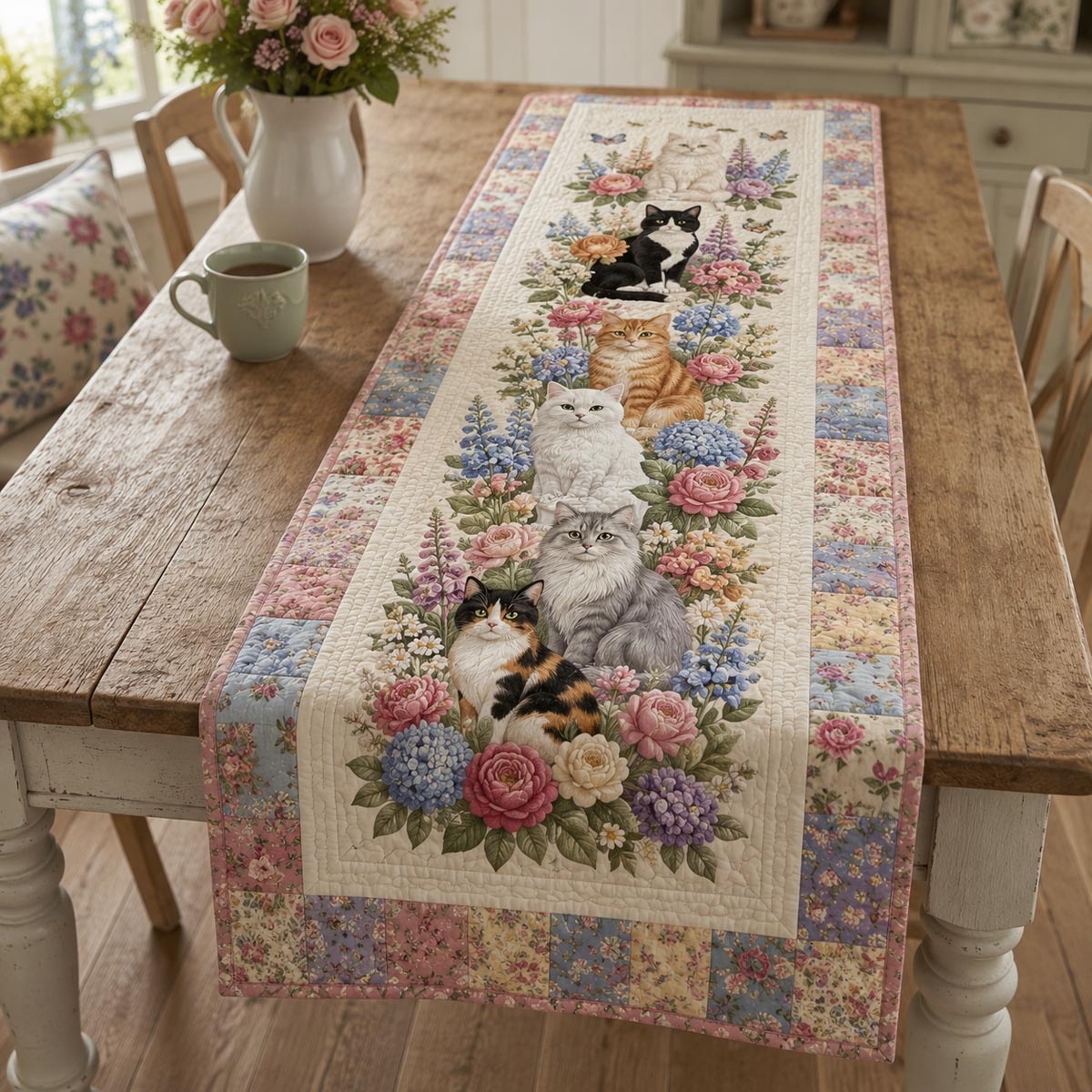 The Garden Cat Gathering Quilted Table Runner NCU0DV2322