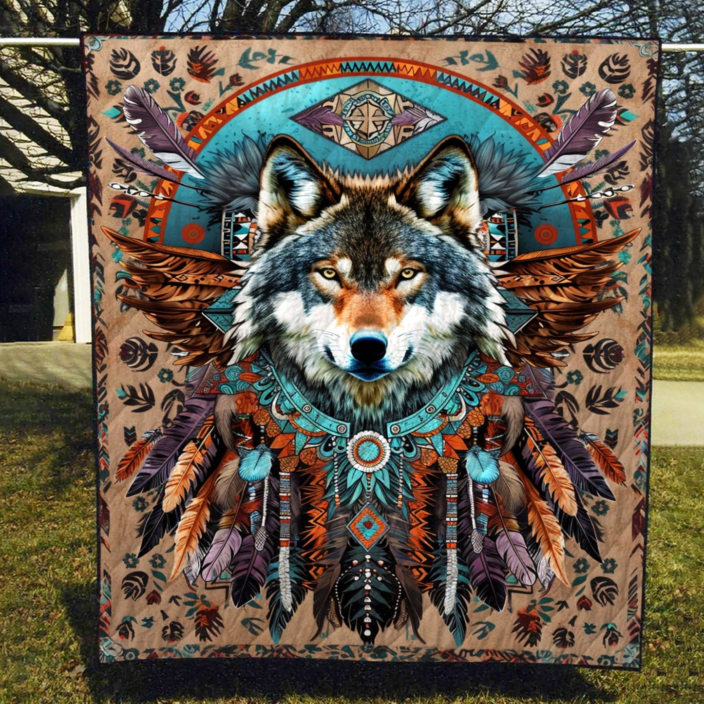 Tribal Feather Wolf Quilted Blanket NCU0TH136