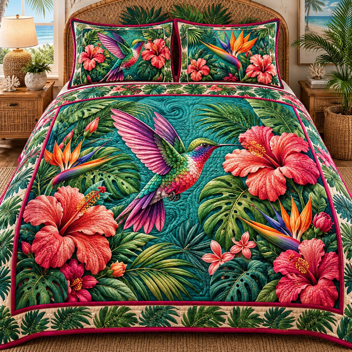 Tropical Paradise Hummingbird 3-Piece Quilted Bedding Set NCU0NTD2434