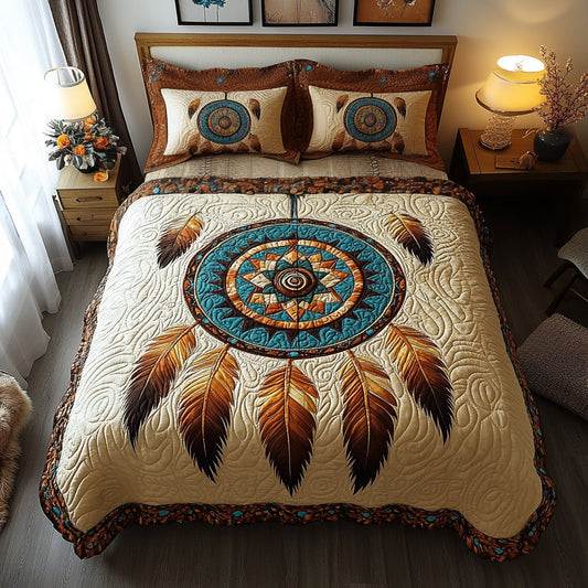 Turquoise Feather Circle 3-Piece Quilted Bedding Set NCU0LDH862