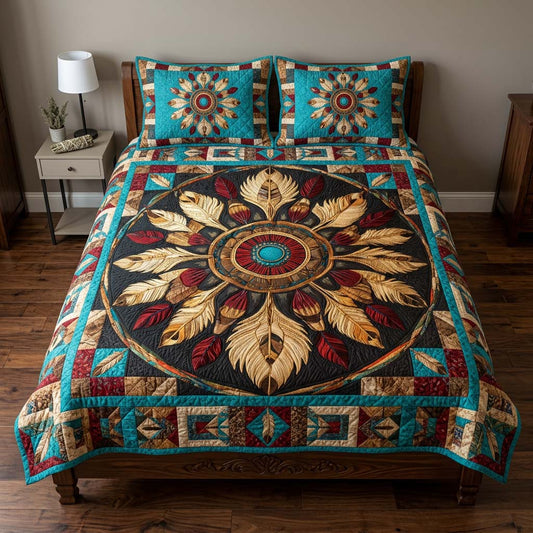 Turquoise Feather Mandala 3-Piece Quilted Bedding Set NCU0DQQ0718