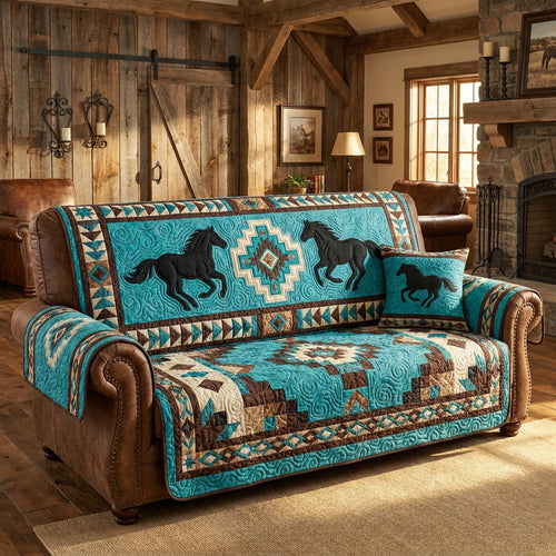 Turquoise Mustang Quilted Sofa Cover NCU0NTV1113