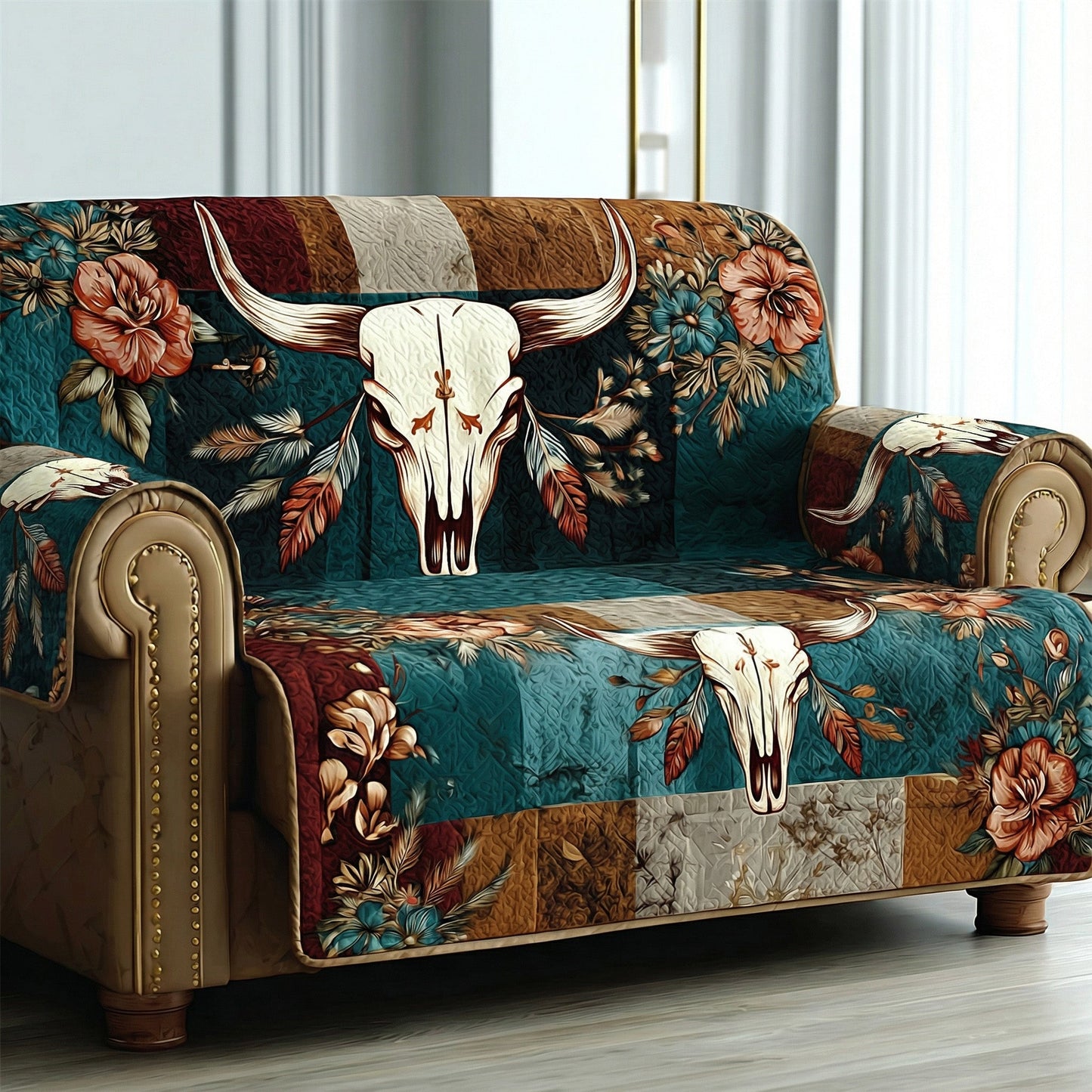 Turquoise Spirit Skull Quilted Sofa Cover NCU0LDH049
