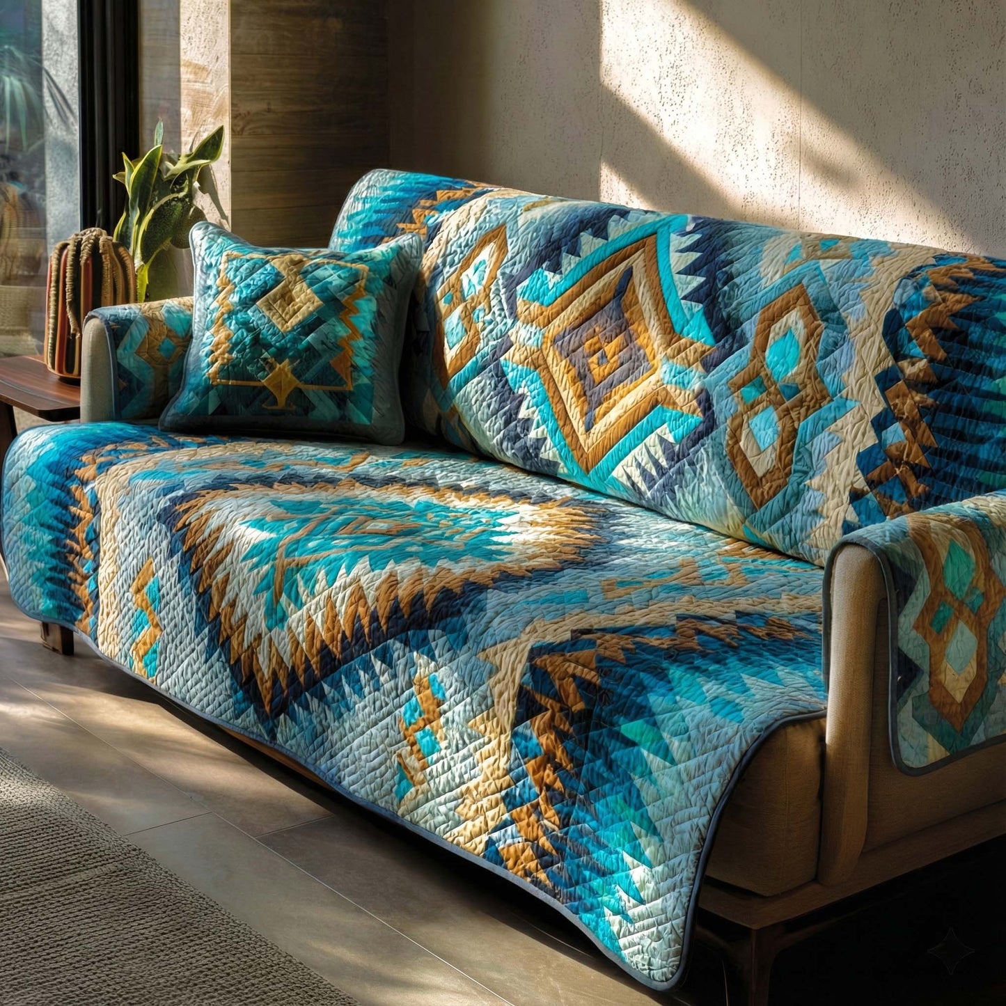 Turquoise Thunderburst Quilted Sofa Cover NCU0NXD1246