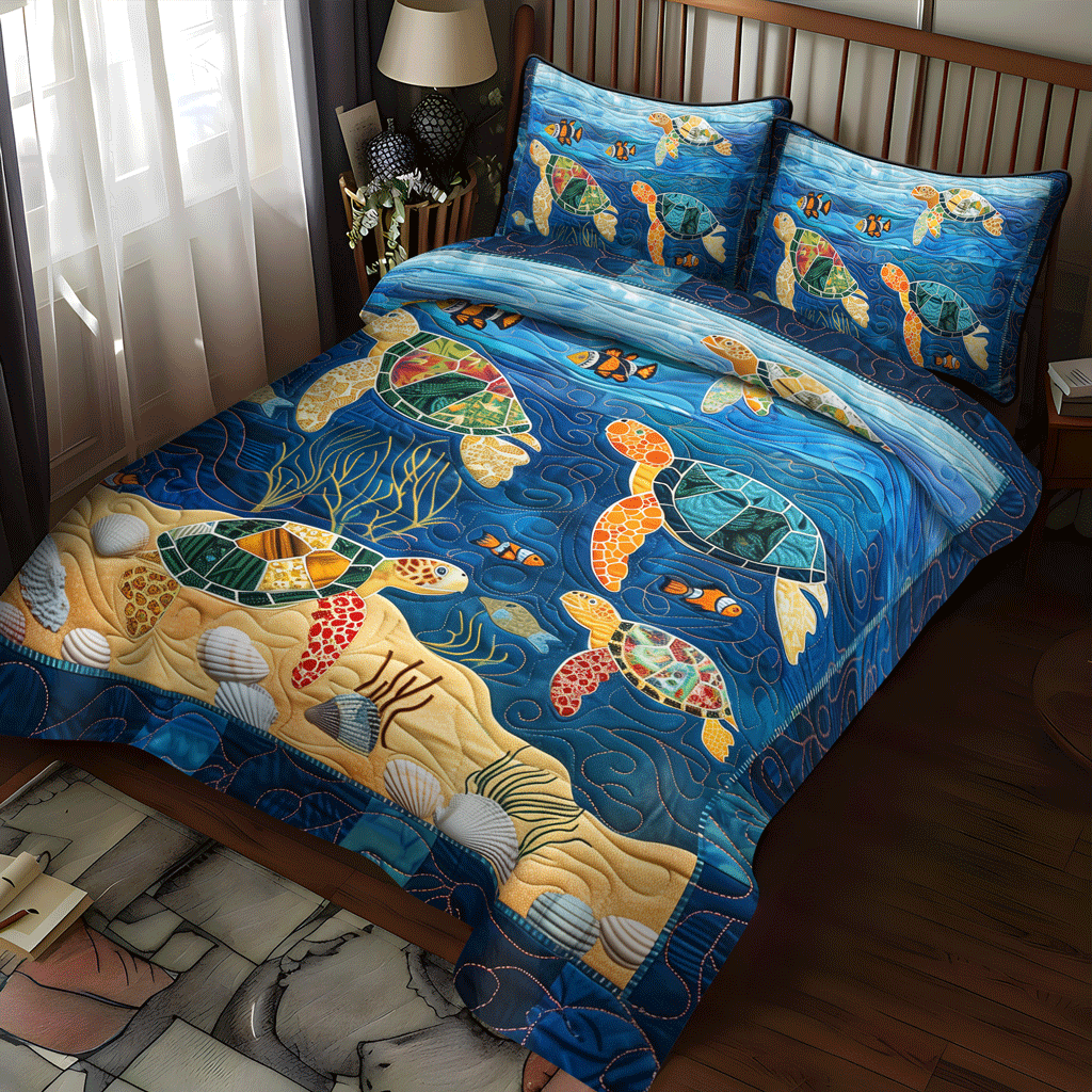 Turtle Coral Fest 3-Piece Quilted Bedding Set NCU0TH1356
