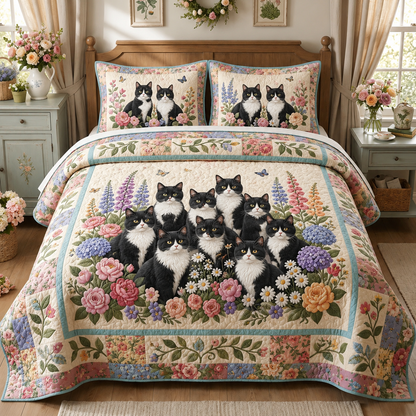 Tuxedo Cats Garden 3-Piece Quilted Bedding Set NCU0DV2189