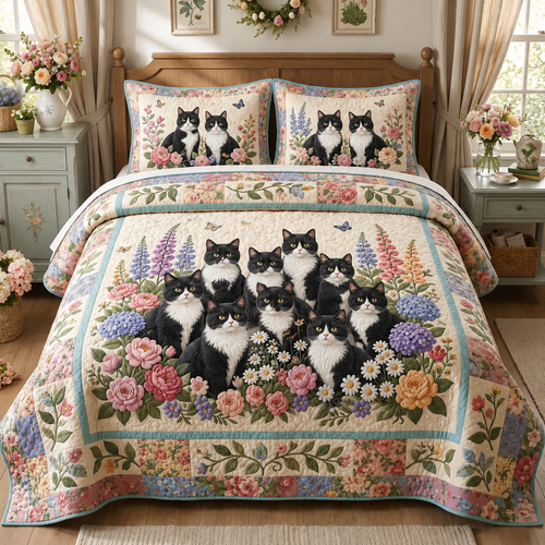 Tuxedo Cats Garden 3-Piece Quilted Bedding Set NCU0DV2189