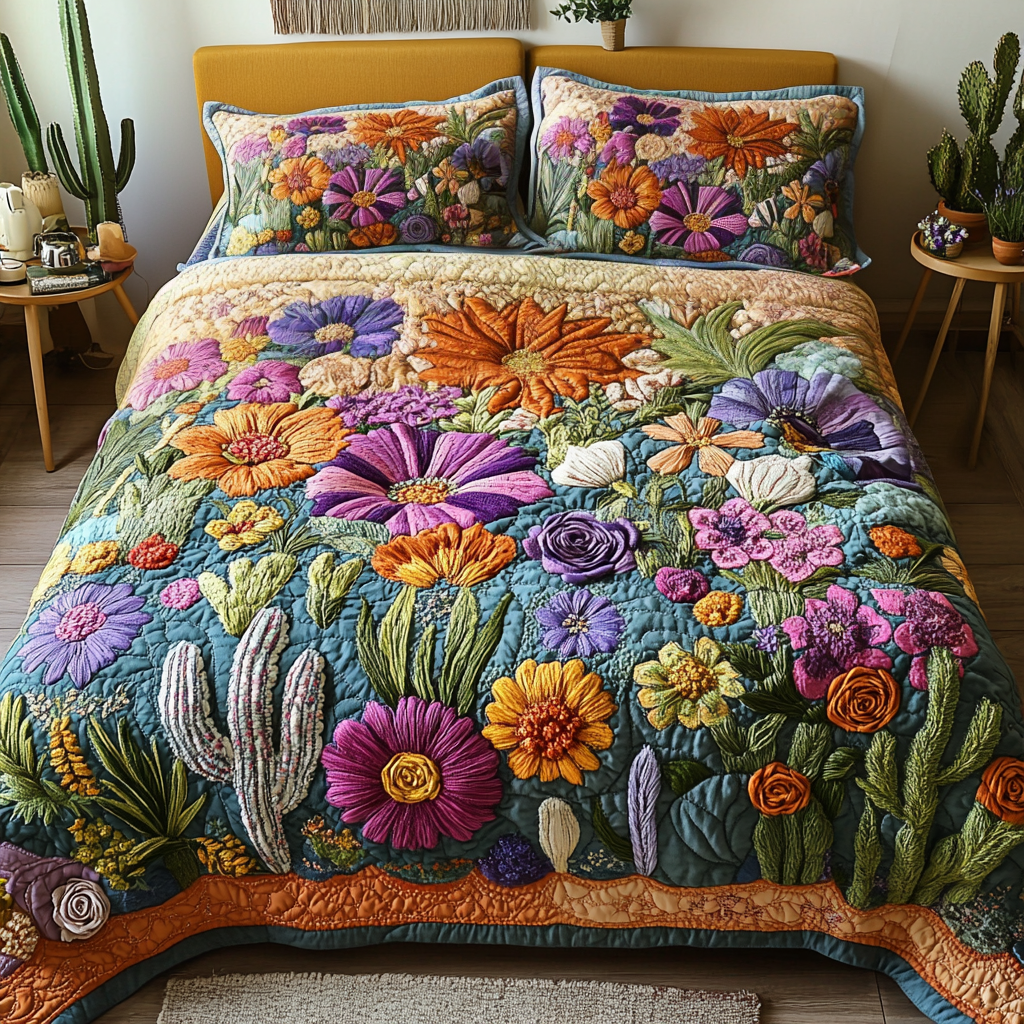 Vibrant Blooms 3-Piece Quilted Bedding Set NCU0NVH265