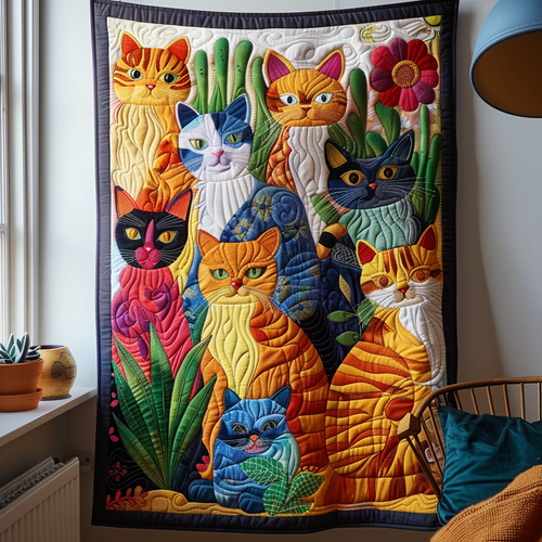 Vibrant Cat-Themed Quilted Blanket NCU0PD241