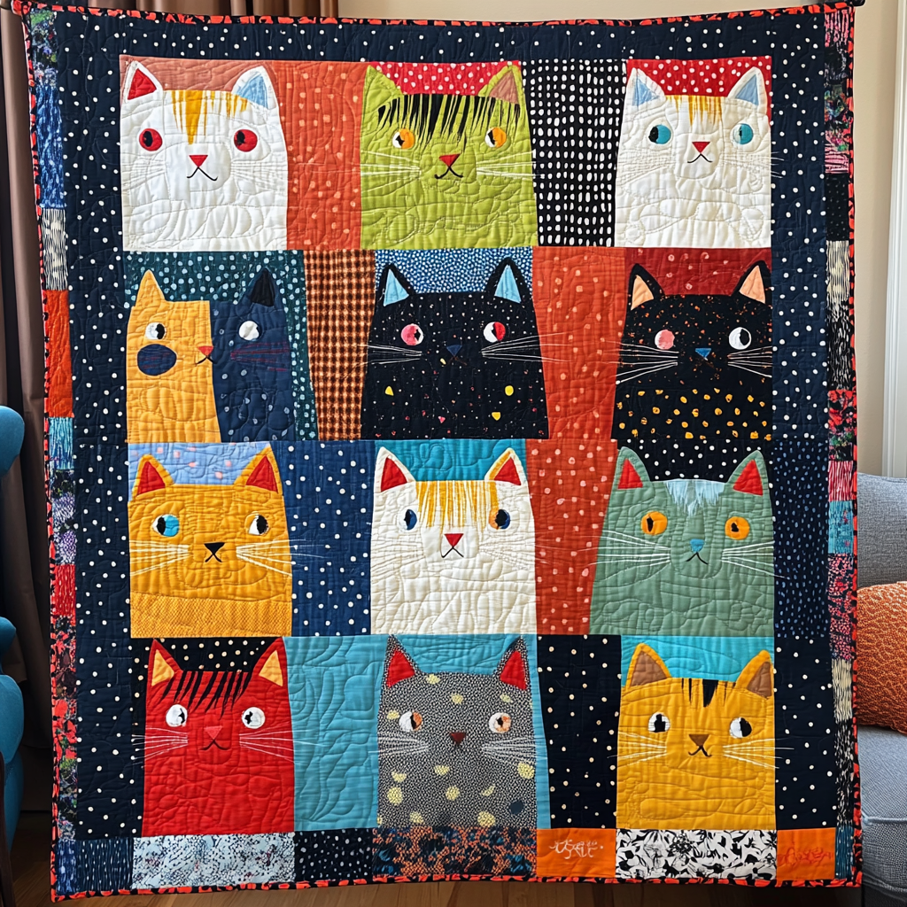 Vibrant Cat-Themed Quilted Blanket NCU0PD496