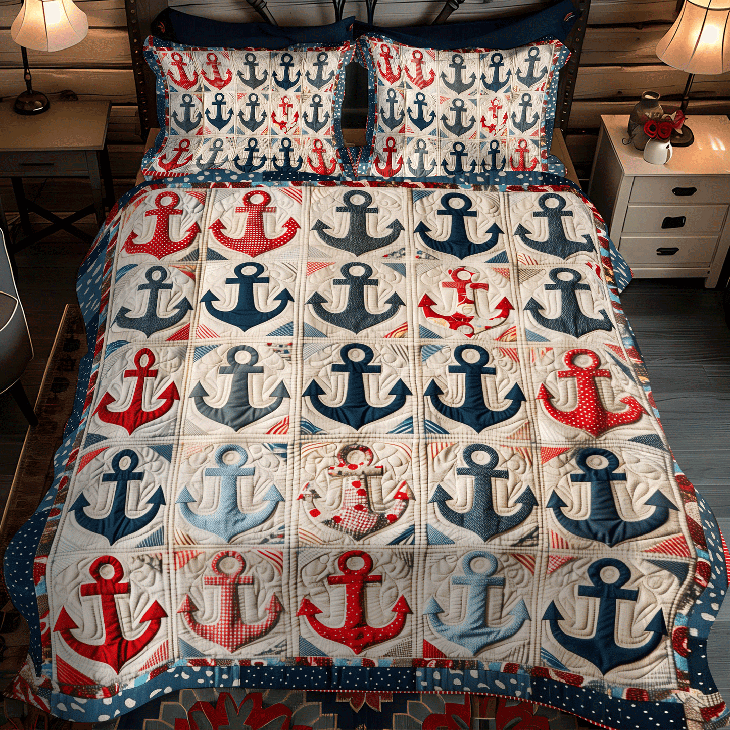 Vintage Anchors 3-Piece Quilted Bedding Set NCU0TH1218
