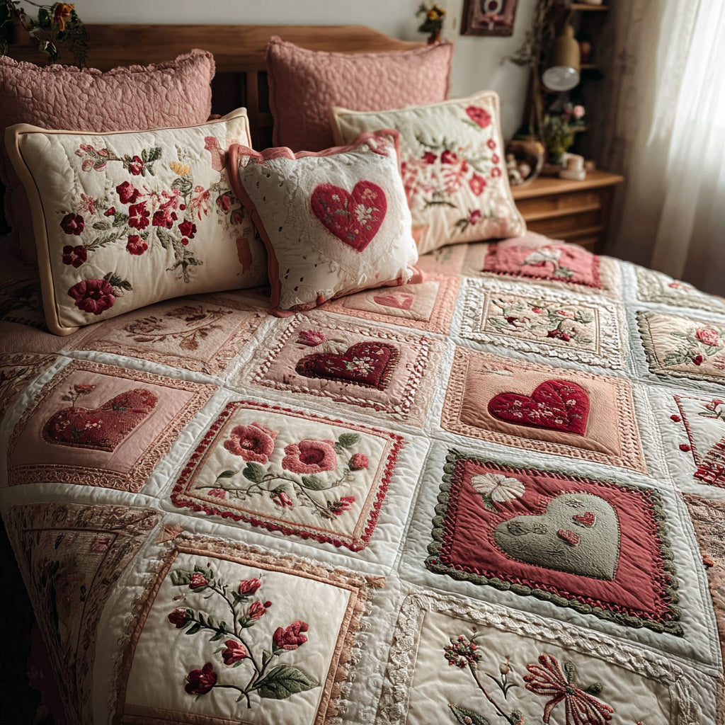 Vintage Blush Garden 3-Piece Quilted Bedding Set NCU0LDH197