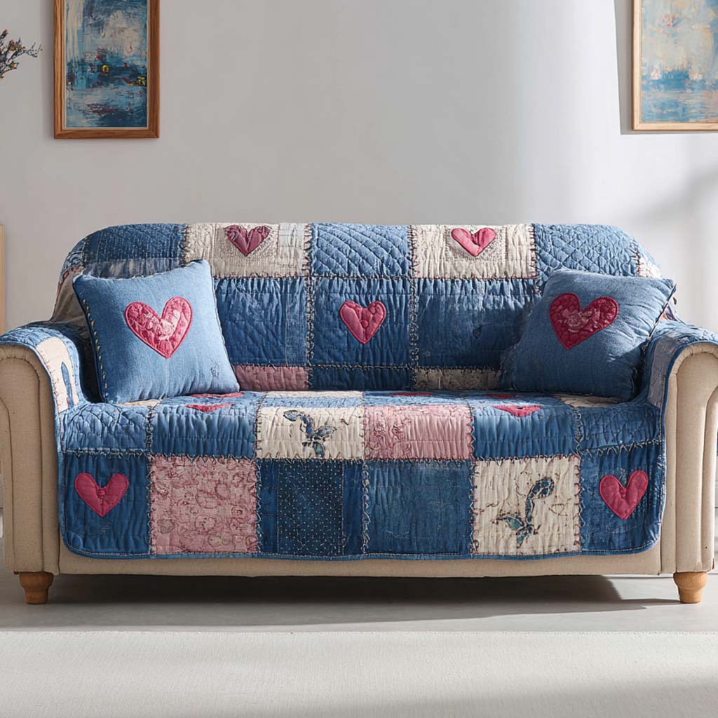 Vintage Pink Heart Quilted Sofa Cover NCU0NXD1388