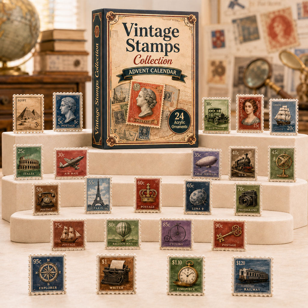 CHRISTMAS KICKOFF 40% OFF - Vintage Stamps Collection Advent Calendar 2026 - 24-Day Festive Countdown, Acrylic Charms Blind Box - Gift For Stamp Lovers AC0TH230