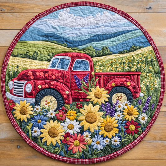 Vintage Truck Blooms Quilted Round Mat NCU0DDK229