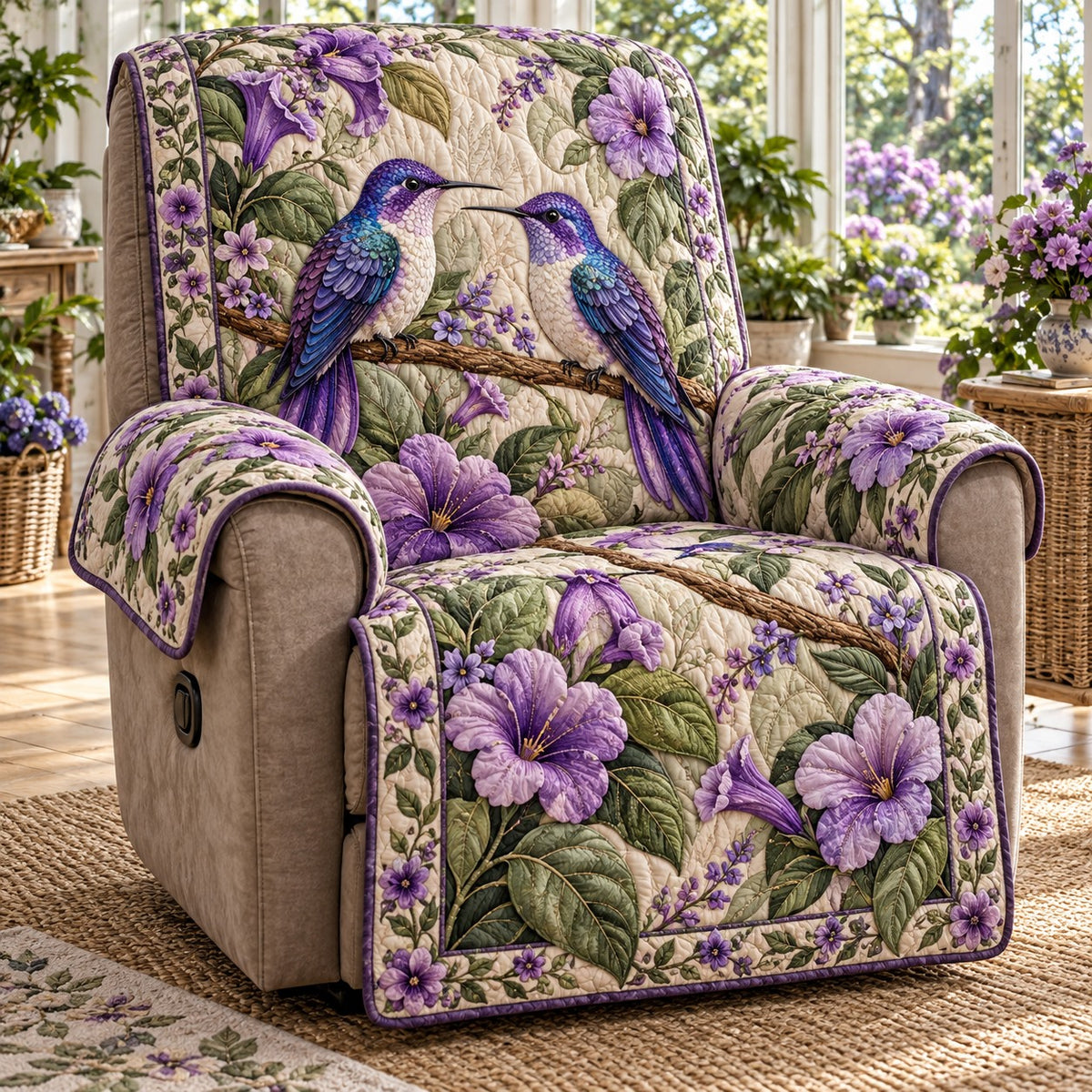 Violet Bloom Hummingbird Pair Quilted Sofa Cover NCU0NTV1174
