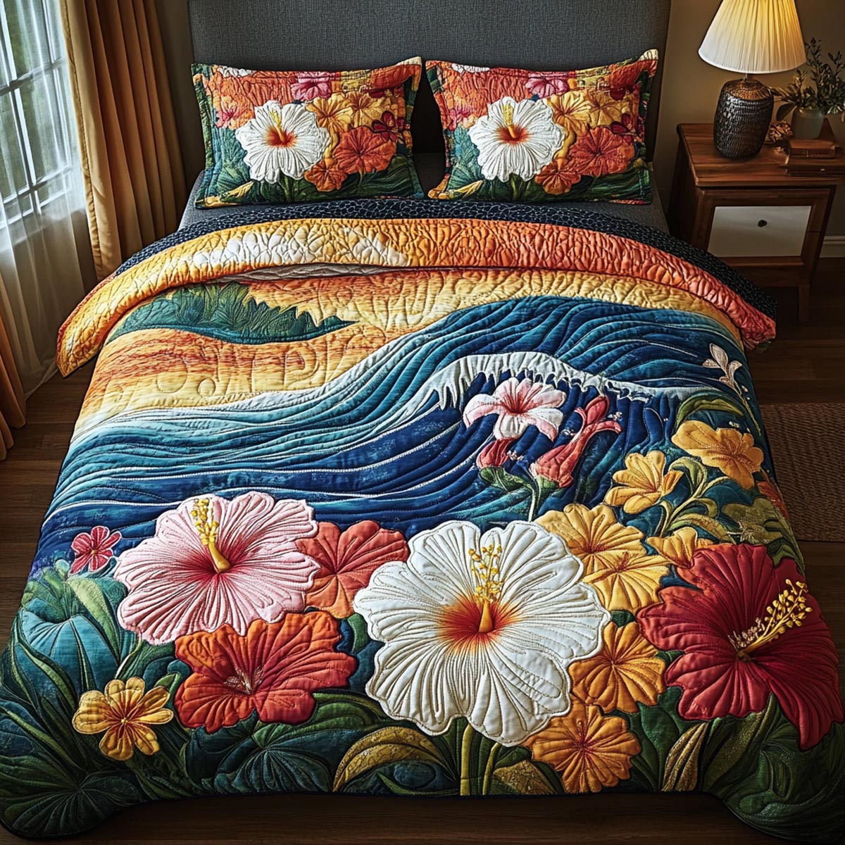 Warm Hibiscus 3-Piece Quilted Bedding Set NCU0DV1965