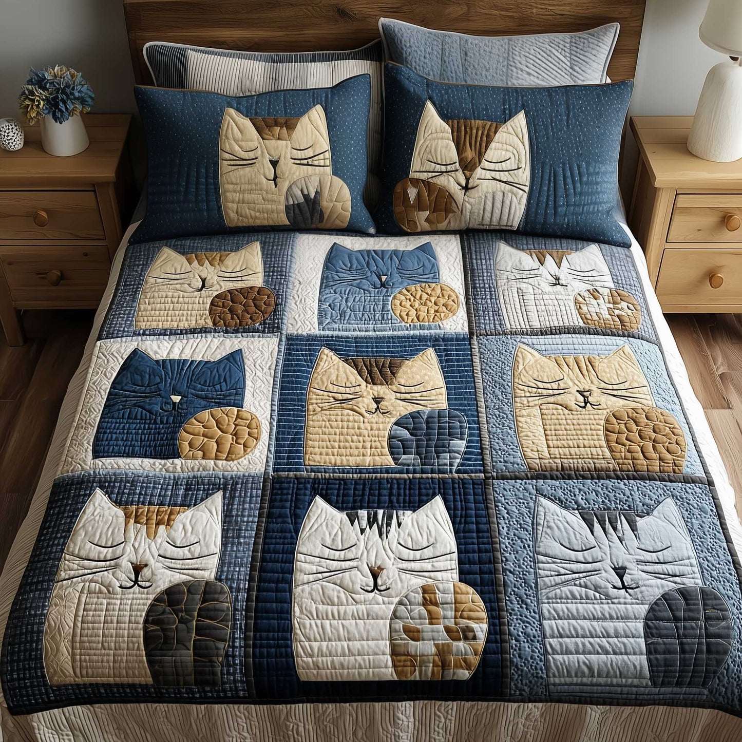 Warm Tones Cat 3-Piece Quilted Bedding Set NCU0HTT173
