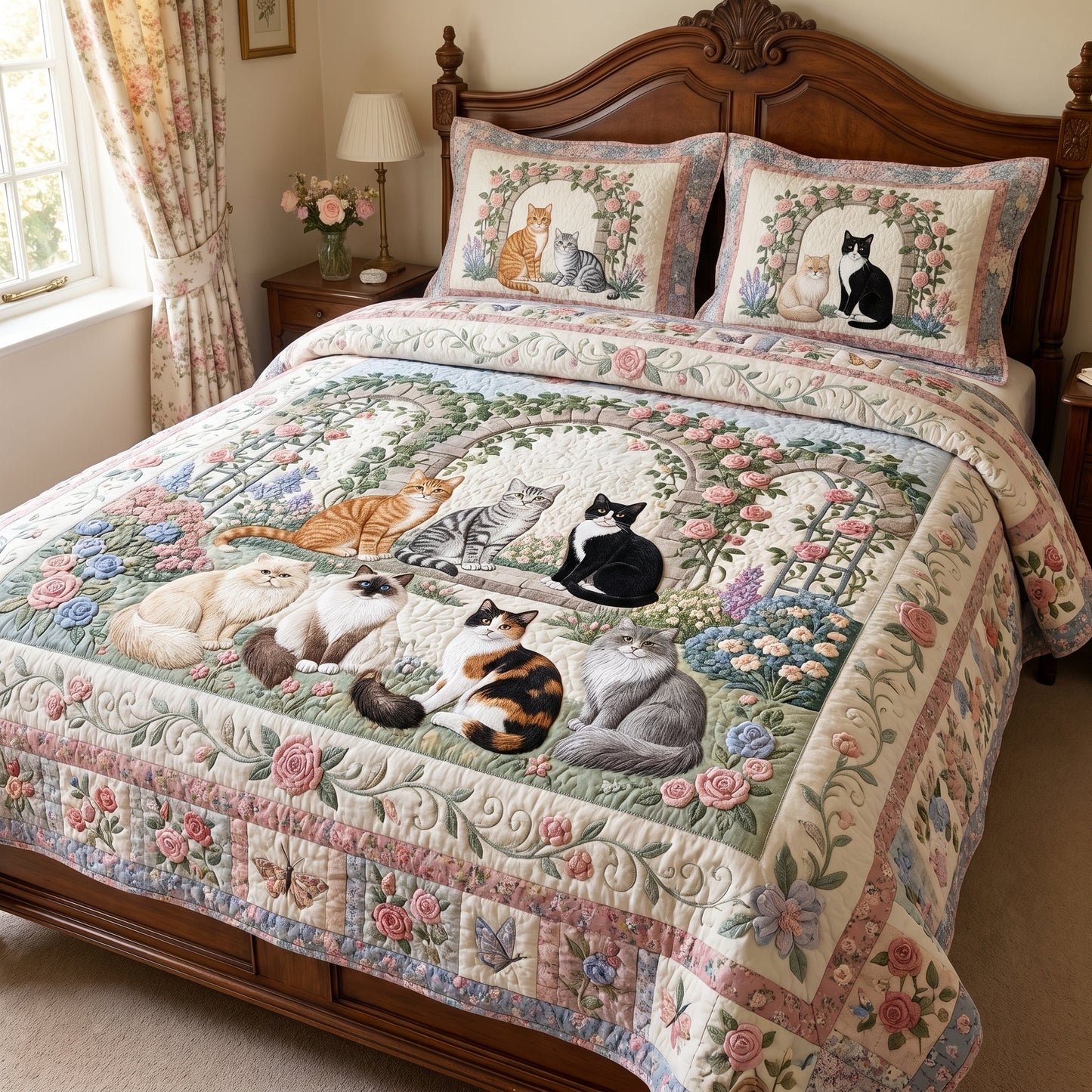 Whiskers And Wildflowers 3-Piece Quilted Bedding Set NCU0DV2190