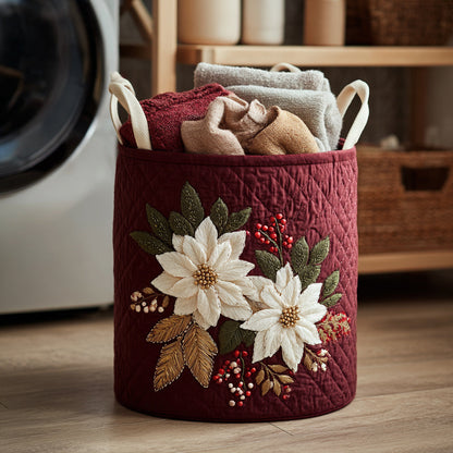 White Poinsettia Quilted Laundry Basket NCU0HNH074