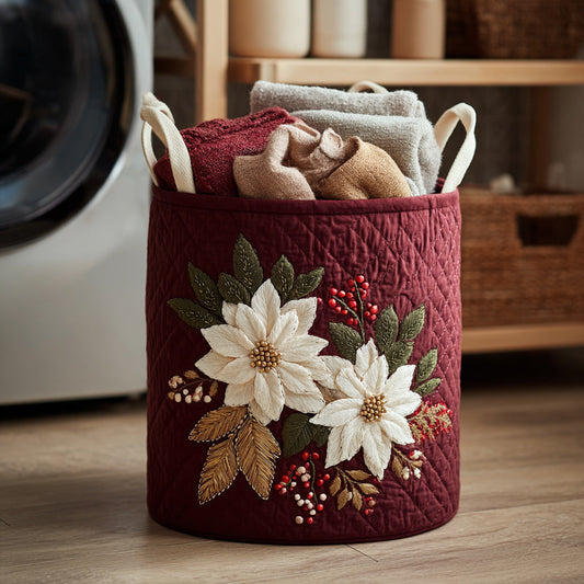 White Poinsettia Quilted Laundry Basket NCU0HNH074