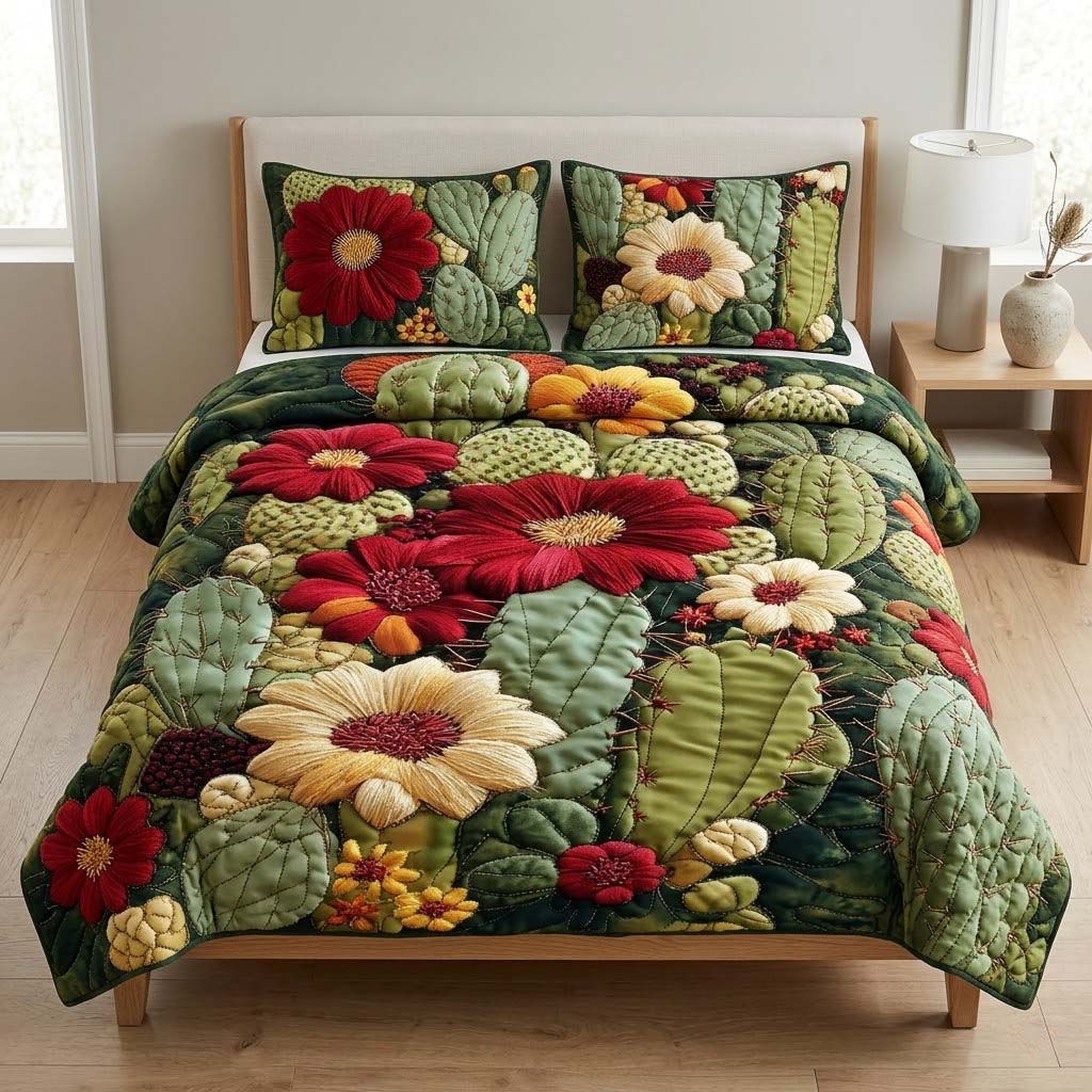 Wild Bloom Cactus 3-Piece Quilted Bedding Set NCU0DQQ0786