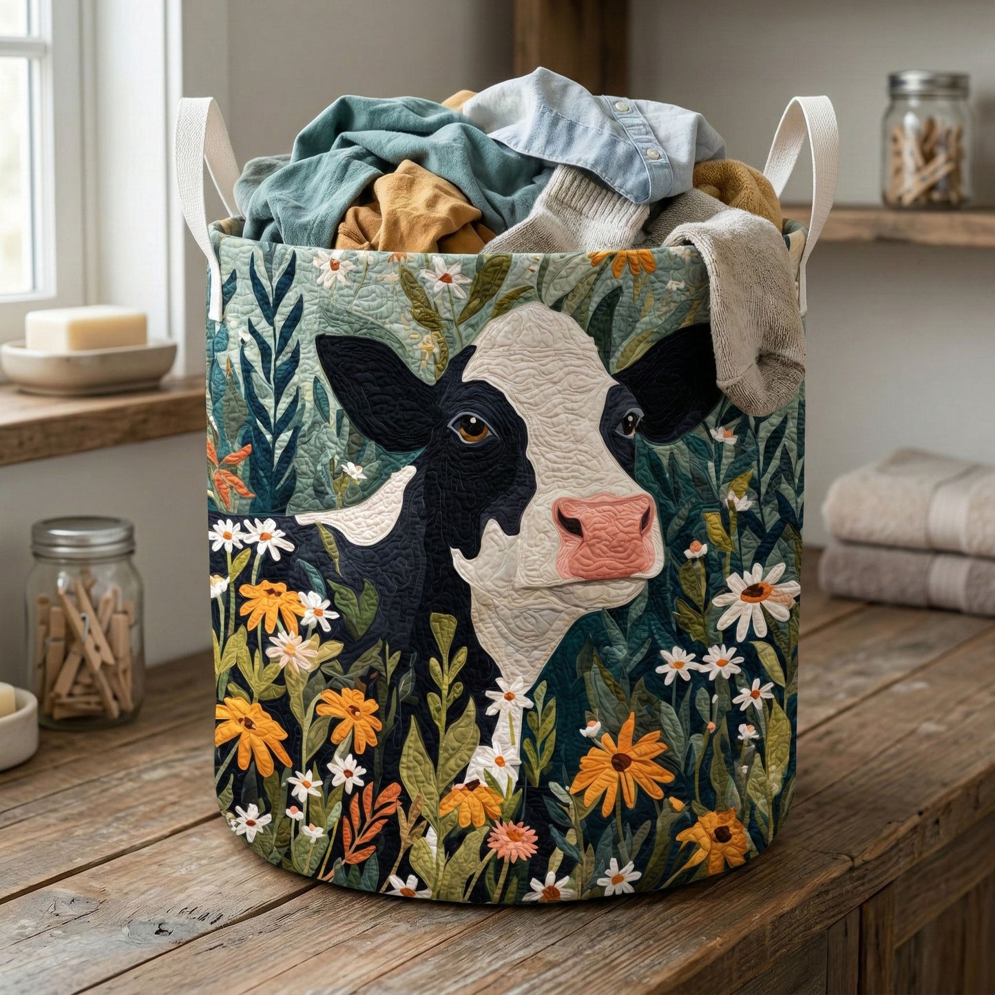 Wildflower Cow Garden Quilted Laundry Basket NCU0NNT3058
