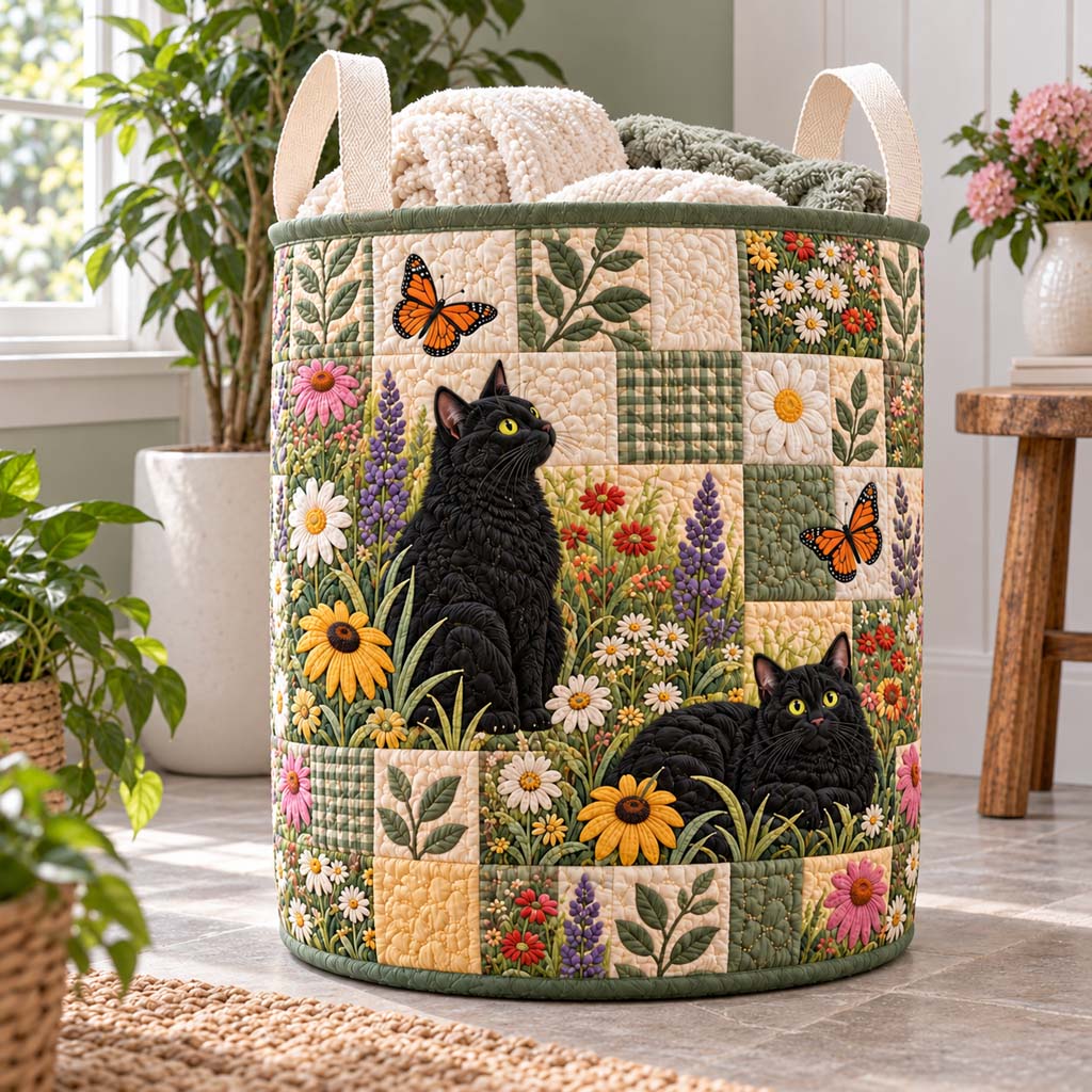 Wildflower Meadow Cat Quilted Laundry Basket NCU0HNH1367