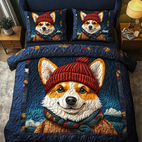 Winter Corgi Snuggles 3-Piece Quilted Bedding Set NCU0PTT025