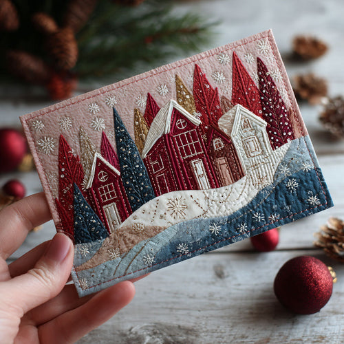 Winter Cottage Quilted Fabric Postcard NCU0PTT2310