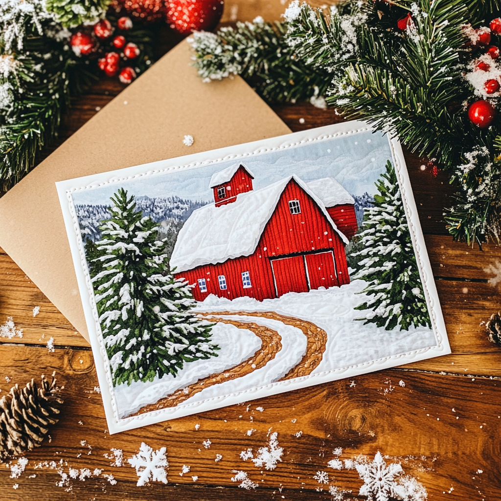 Winter Farm Quilted Fabric Postcard NCU0DDK1897