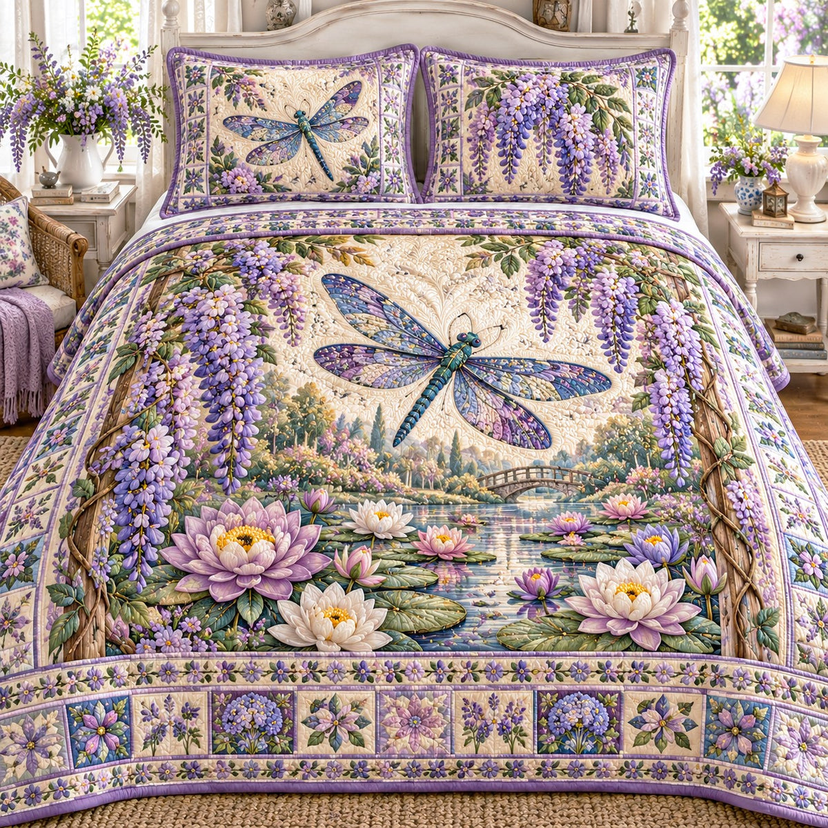 Wisteria Lily Dragonfly 3-Piece Quilted Bedding Set NCU0NTD2454
