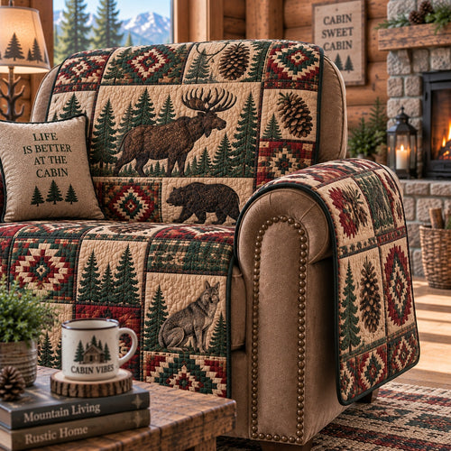 Woodland Plaid Fauna Quilted Sofa Cover NCU0PVL1092
