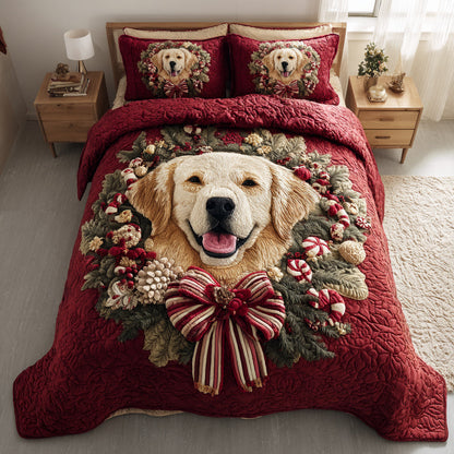 Wreath Golden Retriever 3-Piece Quilted Bedding Set NCU0HNH294