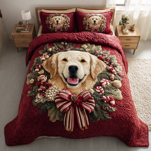 Wreath Golden Retriever 3-Piece Quilted Bedding Set NCU0HNH294