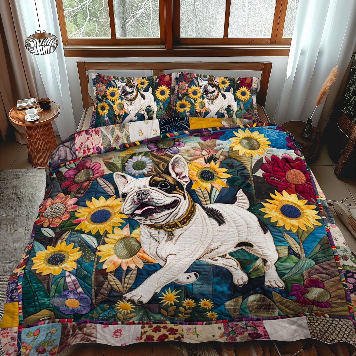 Sunflower French Bulldog 3-Piece Quilted Bedding Set NCU0PD085