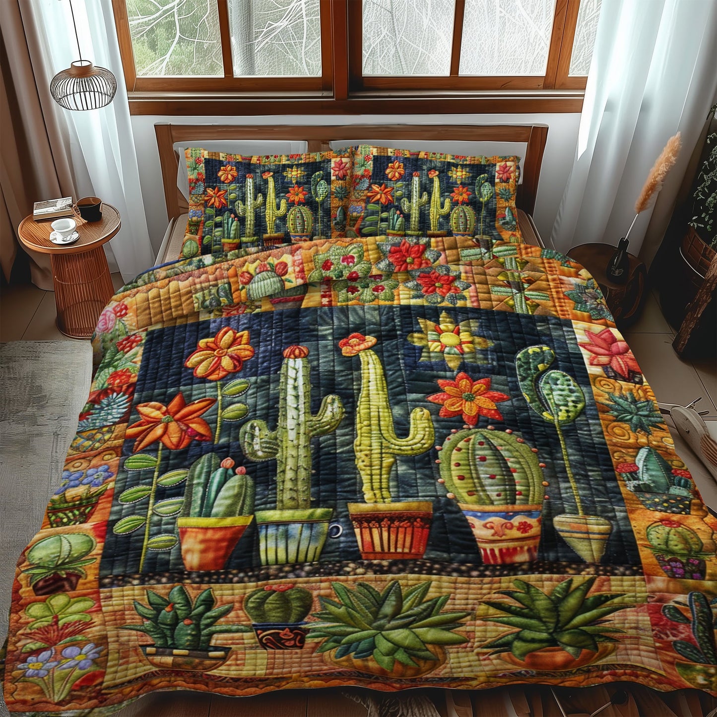 Vibrant Succulent Cactus 3-Piece Quilted Bedding Set NCU0PD055