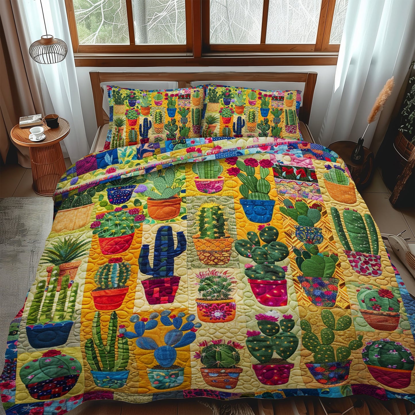 Desert Bloom Cactus 3-Piece Quilted Bedding Set NCU0PD060