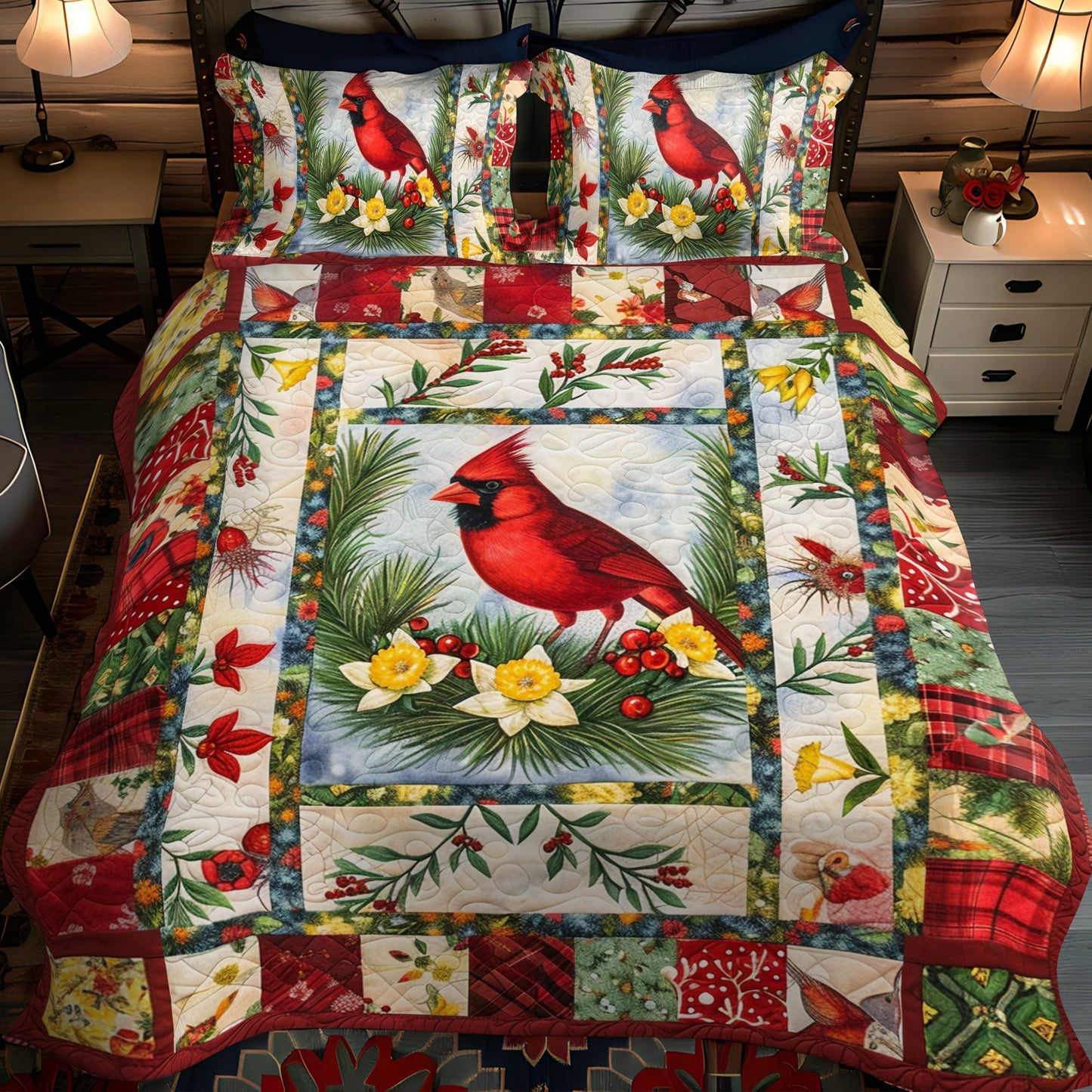 Elegant Cardinal Bird 3-Piece Quilted Bedding Set NCU0PD207