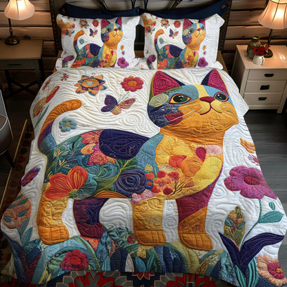 Playful Floral Cats 3-Piece Quilted Bedding Set NCU0PD424