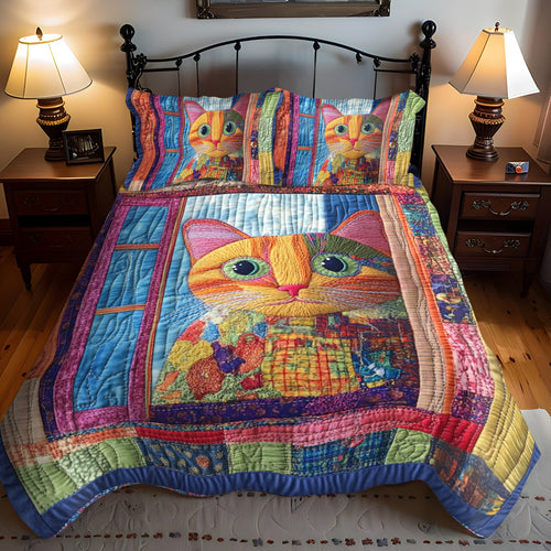 Vibrant Cat Peeking 3-Piece Quilted Bedding Set NCU0PD427