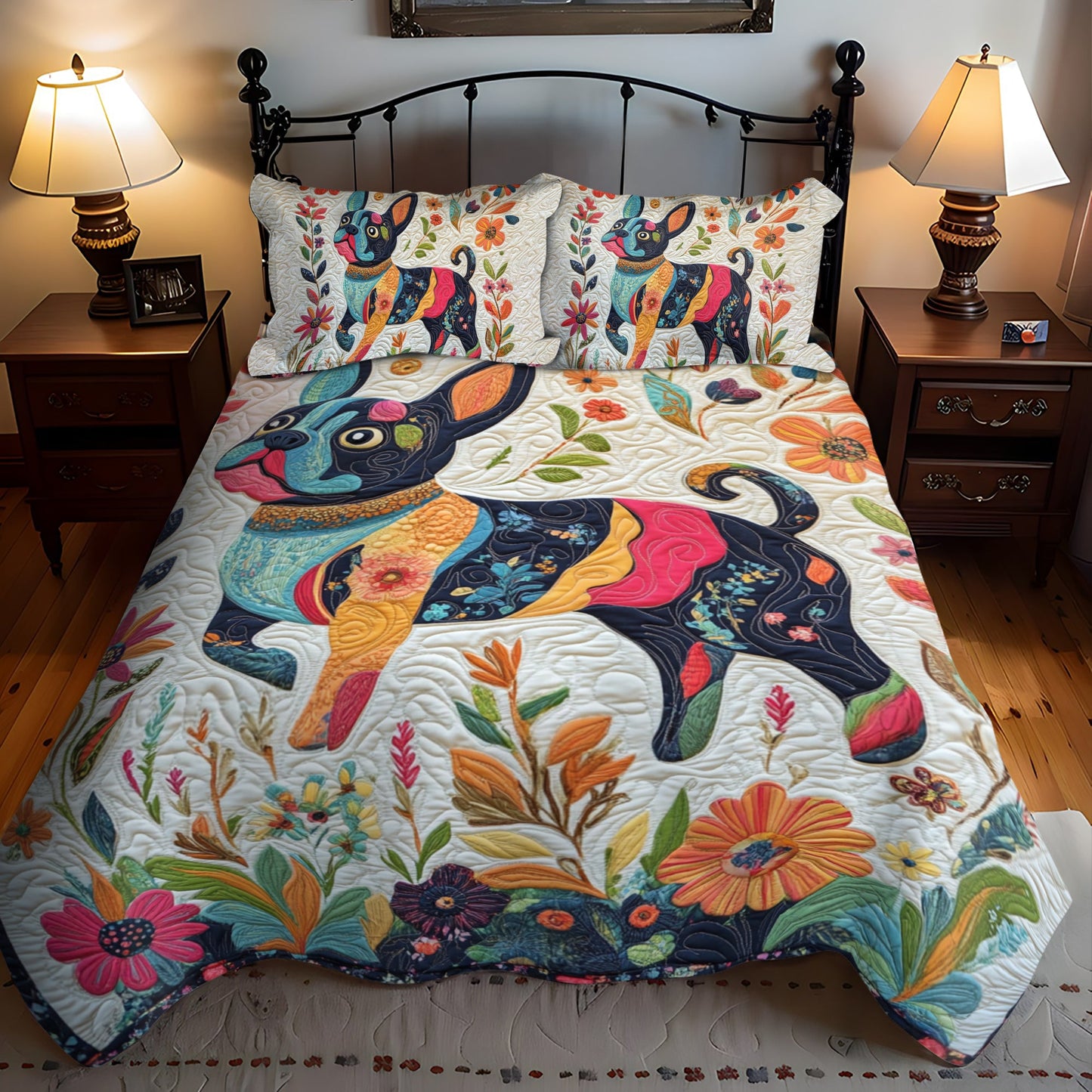 French Bulldog Floral 3-Piece Quilted Bedding Set NCU0PD387